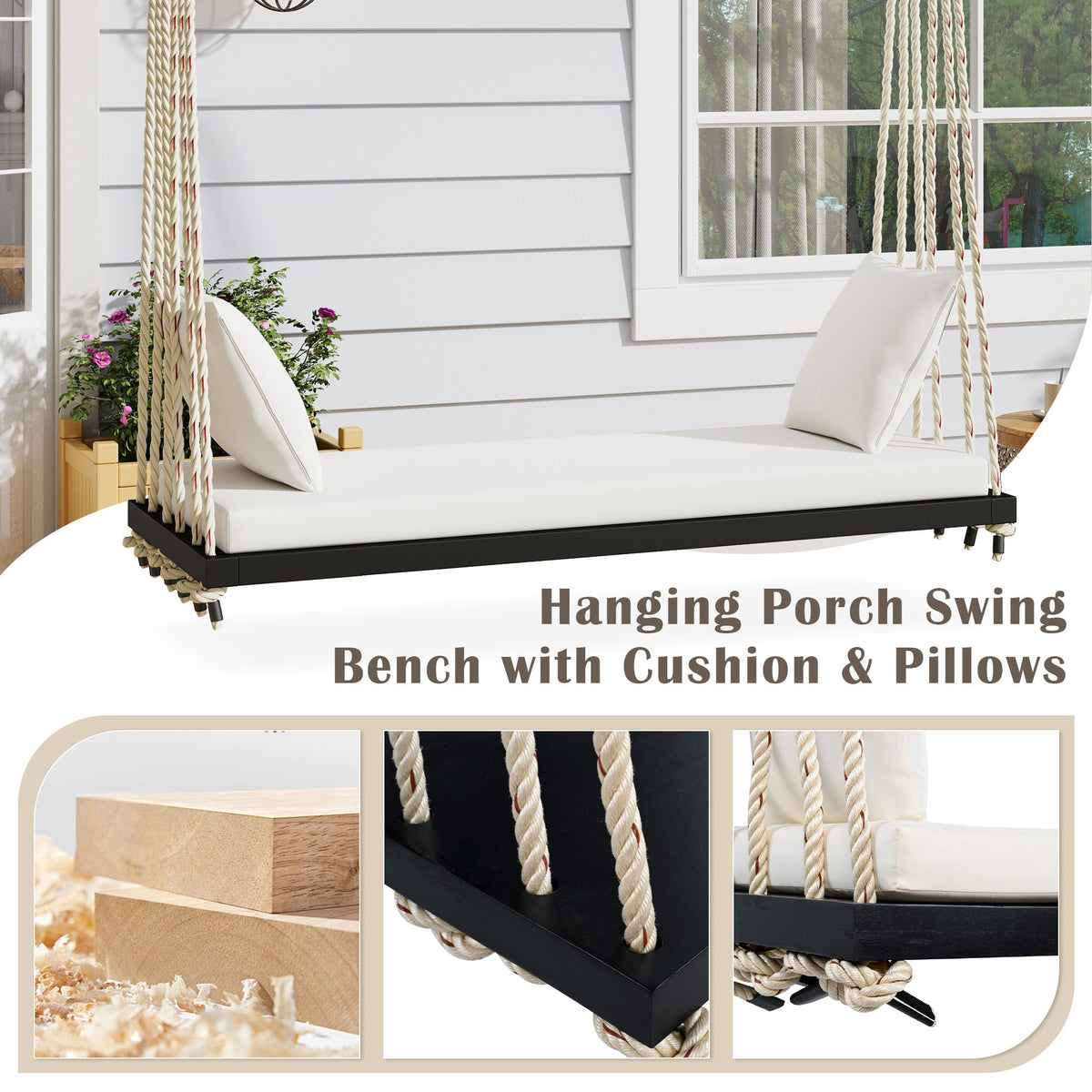 Patio Wooden Swing Chair Hanging Porch Swing Bench