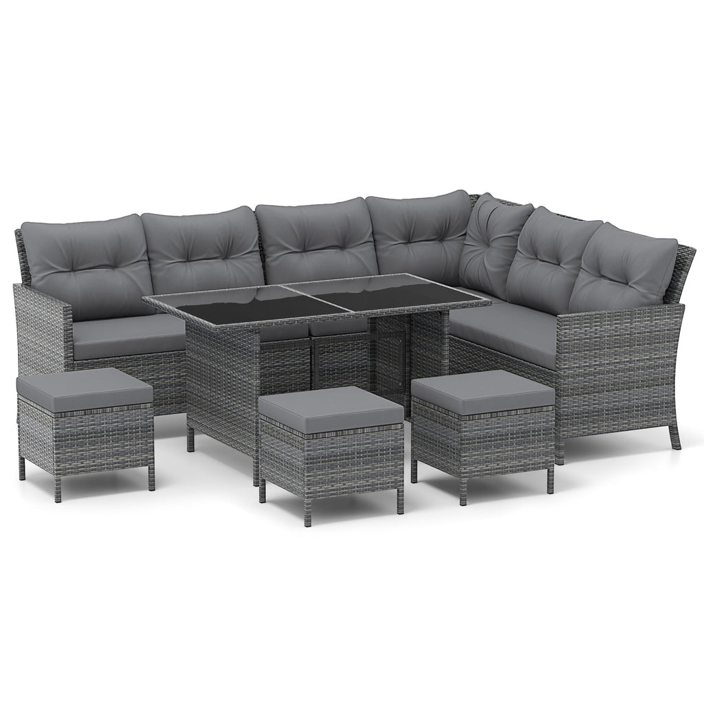 7 Pieces Patio Dining Furniture Set with Soft Cushions and Ottomans