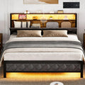 Queen Size Bed Frame with Storage Headboard and Charging Station, Upholstered Bed Frame Queen Size with LED Lights, Platform Bed