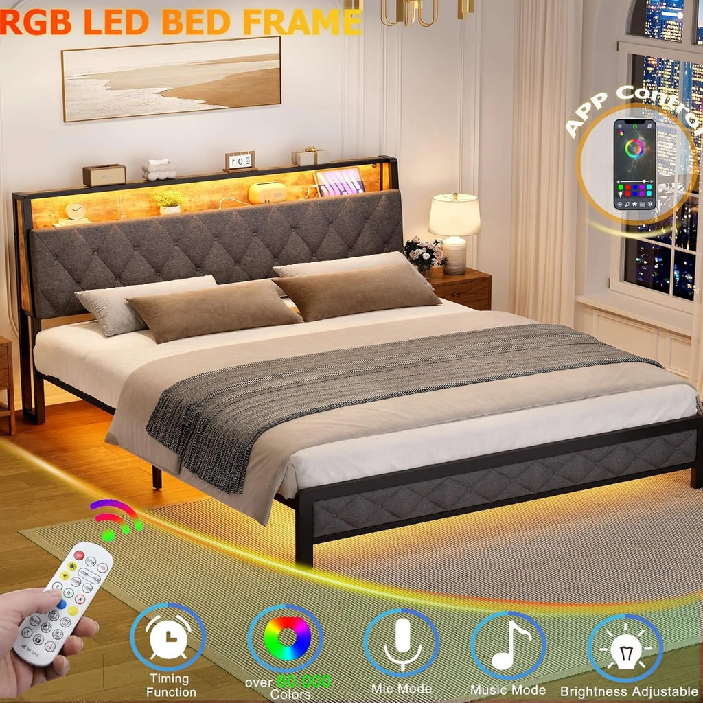 Queen Size Bed Frame with Storage Headboard and Charging Station, Upholstered Bed Frame Queen Size with LED Lights, Platform Bed