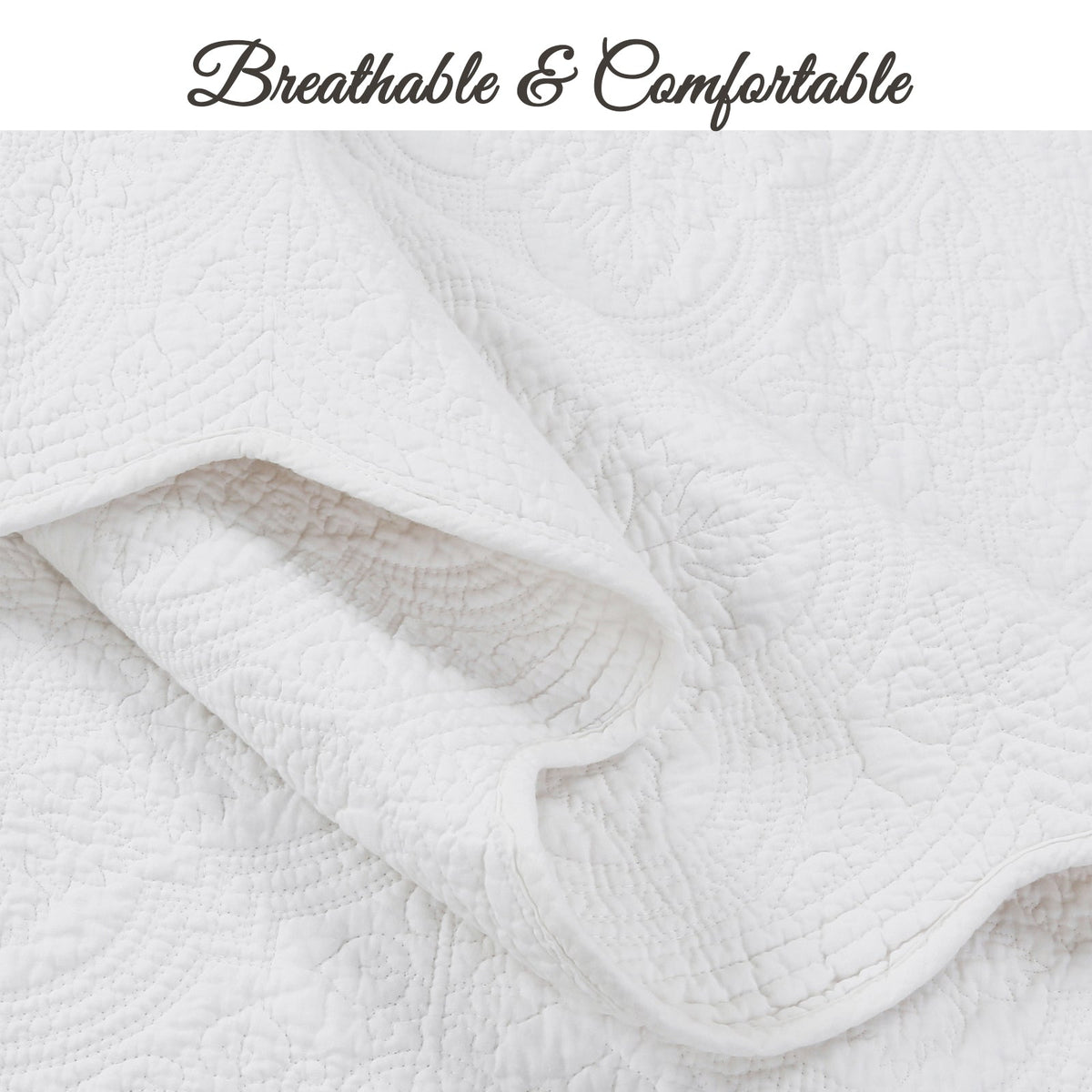 Serenity White Victorian Scalloped Medallion Floral Pure Solid Cotton Reversible Quilt Bedding Set