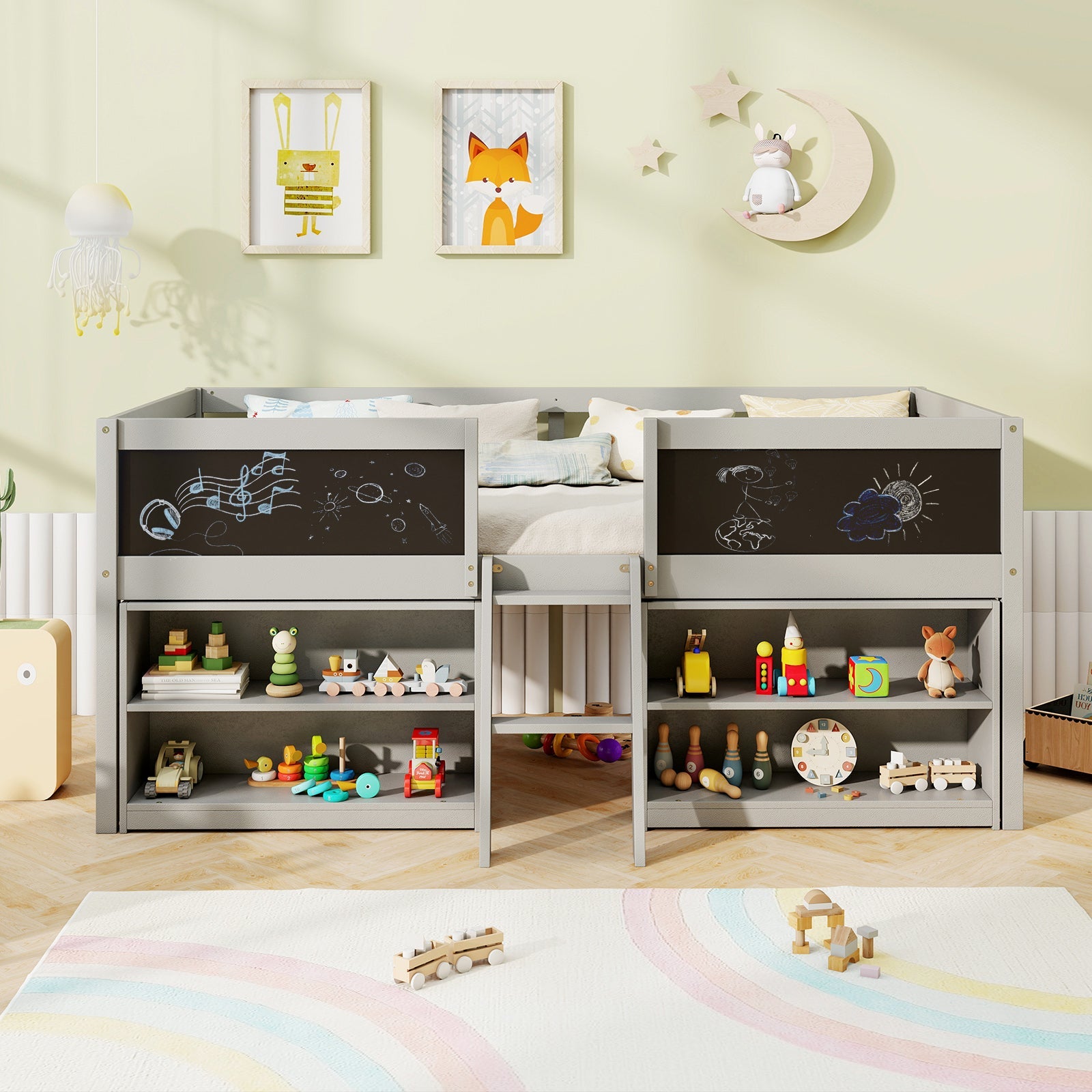 Kid Twin Size Low Loft Bed with Chalkboard Ramp Ladder and Bookcases-Gray