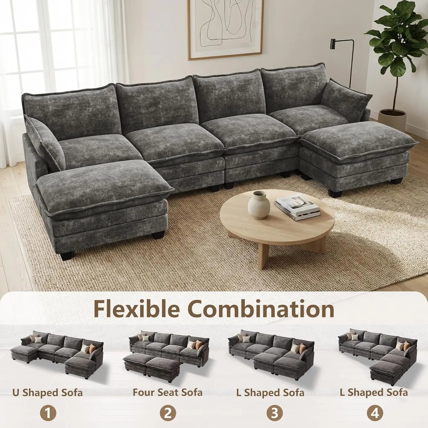 Sectional Sofa Chenille With Ottoman Pillows