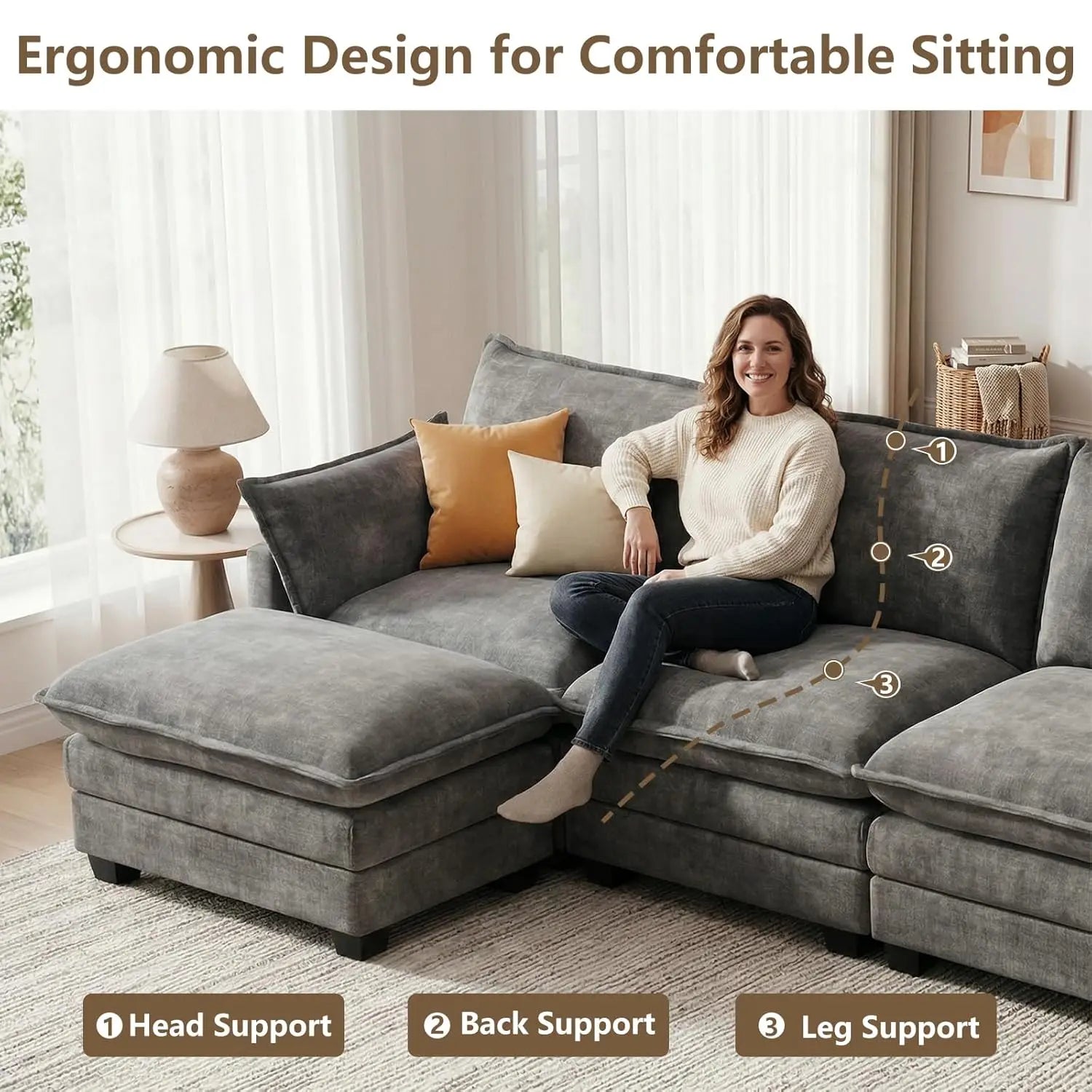 Sectional Sofa Chenille With Ottoman Pillows