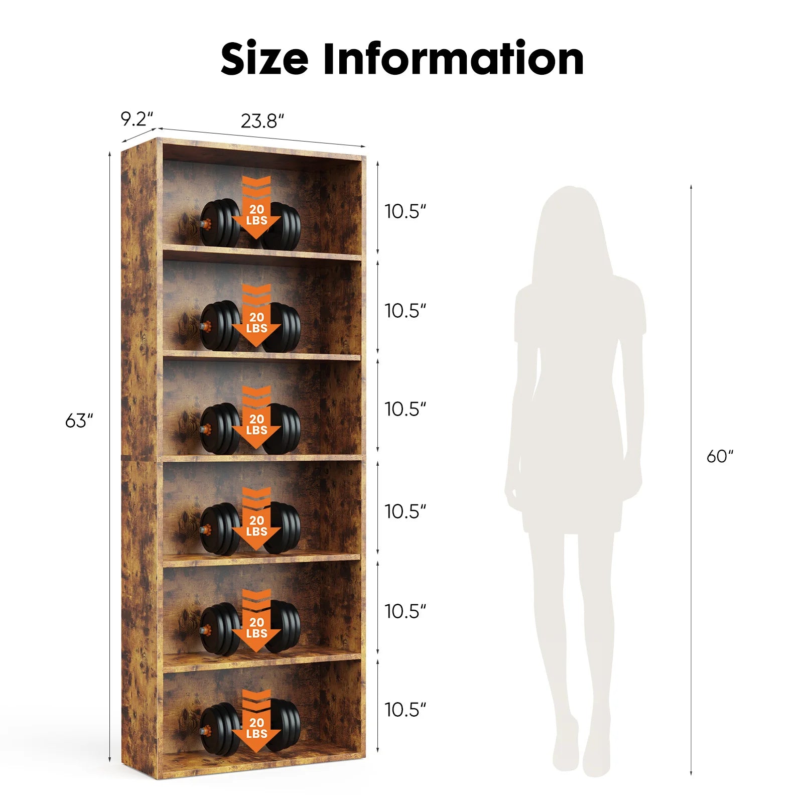 6-Tier Wooden Shelf Bookcase 63 Inch Tall