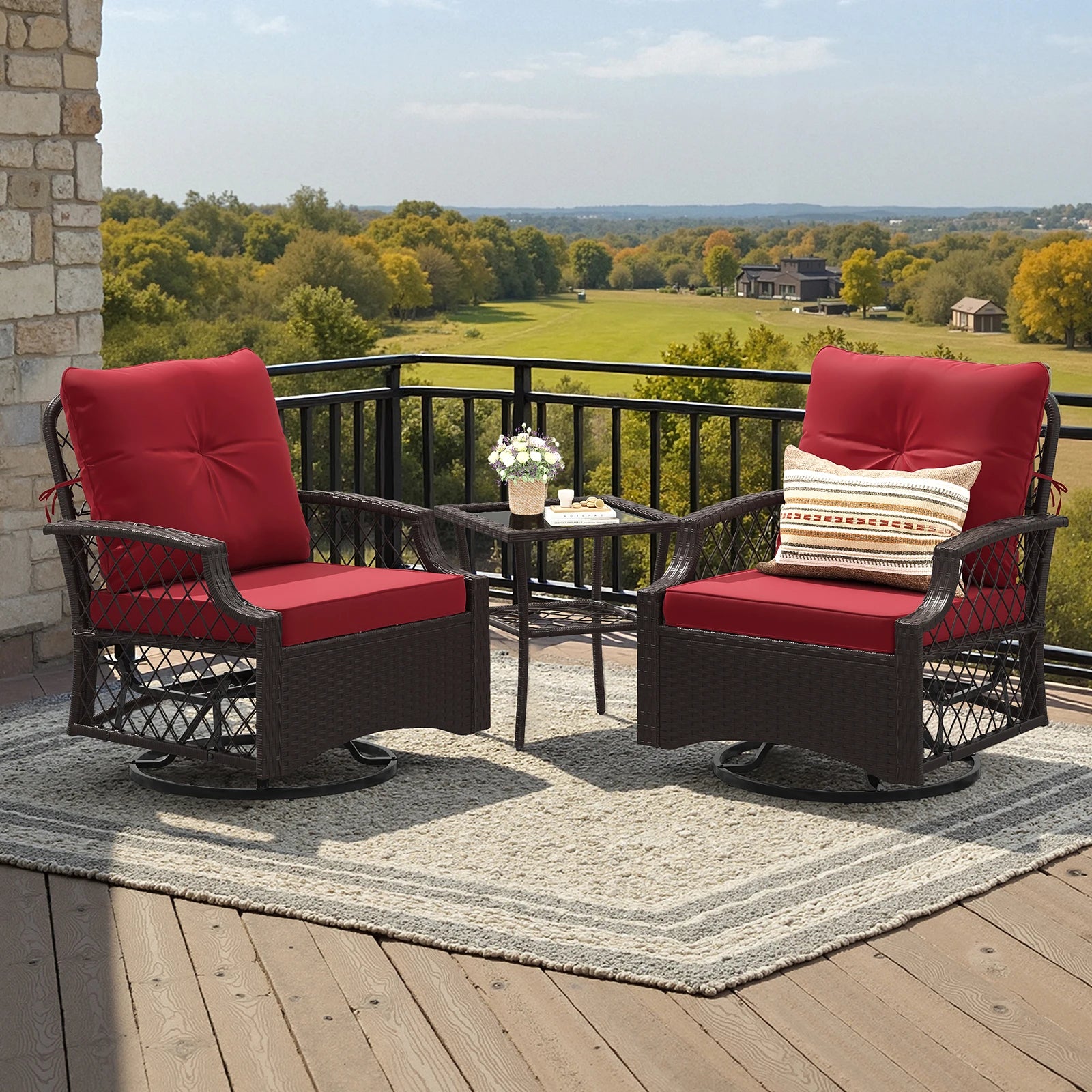 3-Piece Wicker Swivel Patio Set Glider Chairs