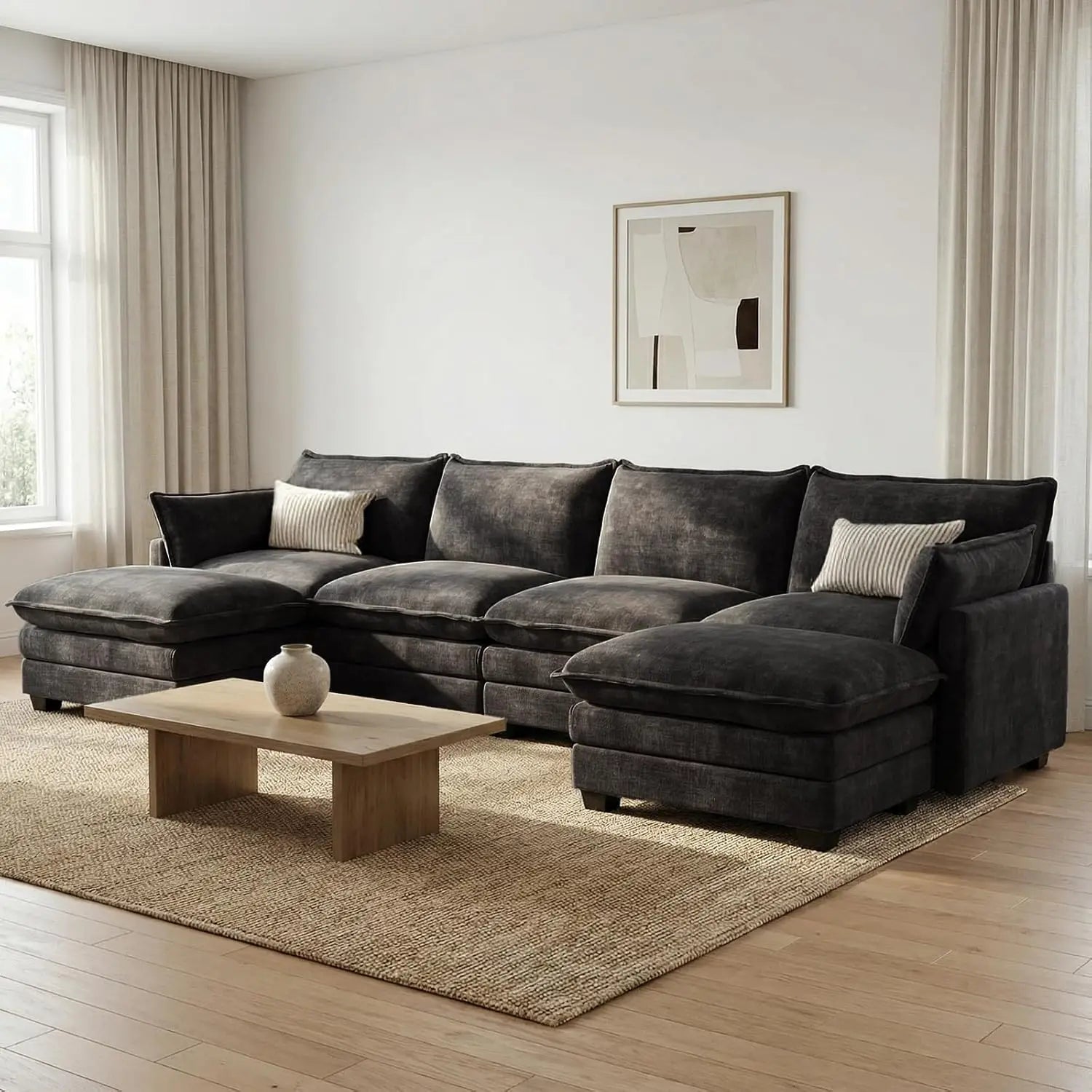 Sectional Sofa Chenille With Ottoman Pillows