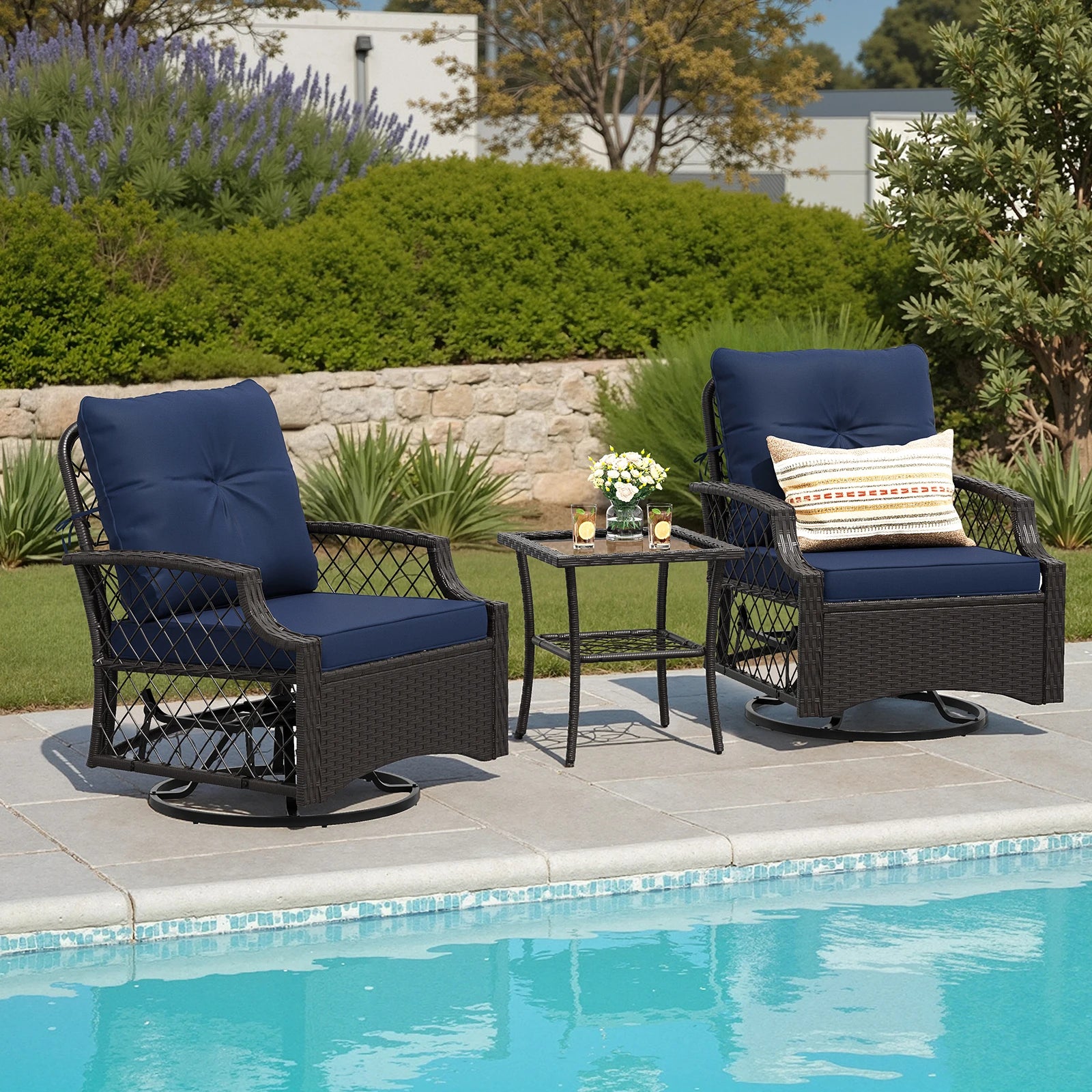3-Piece Wicker Swivel Patio Set Glider Chairs