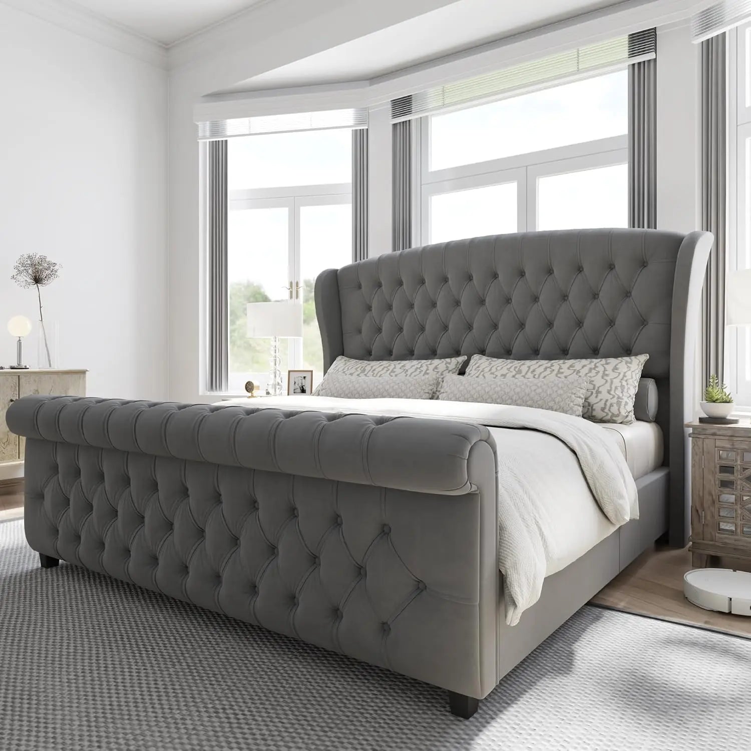 Queen Size Chenille Platform Bed Frame