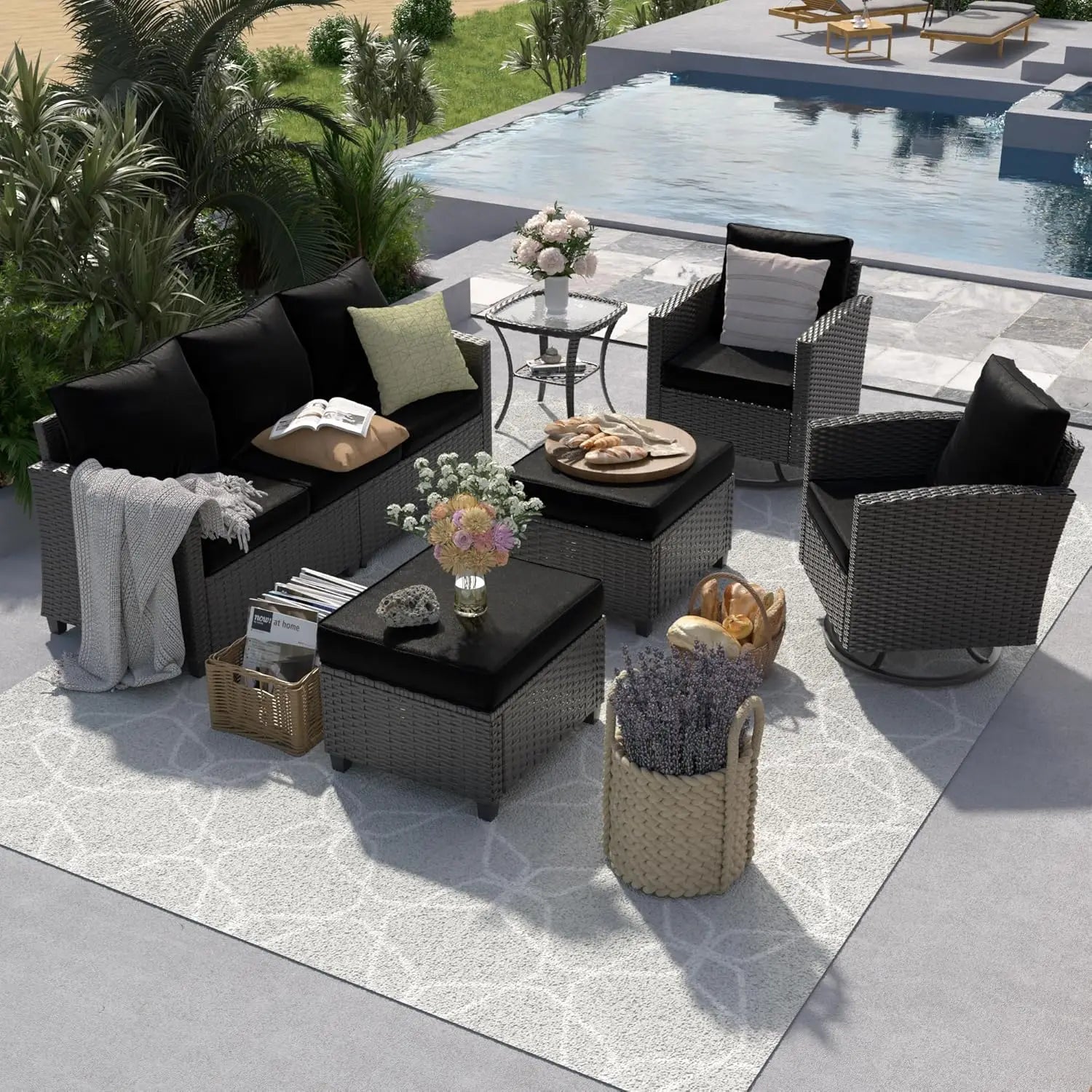 6pc Gray PE Rattan Sectional Sofa Set