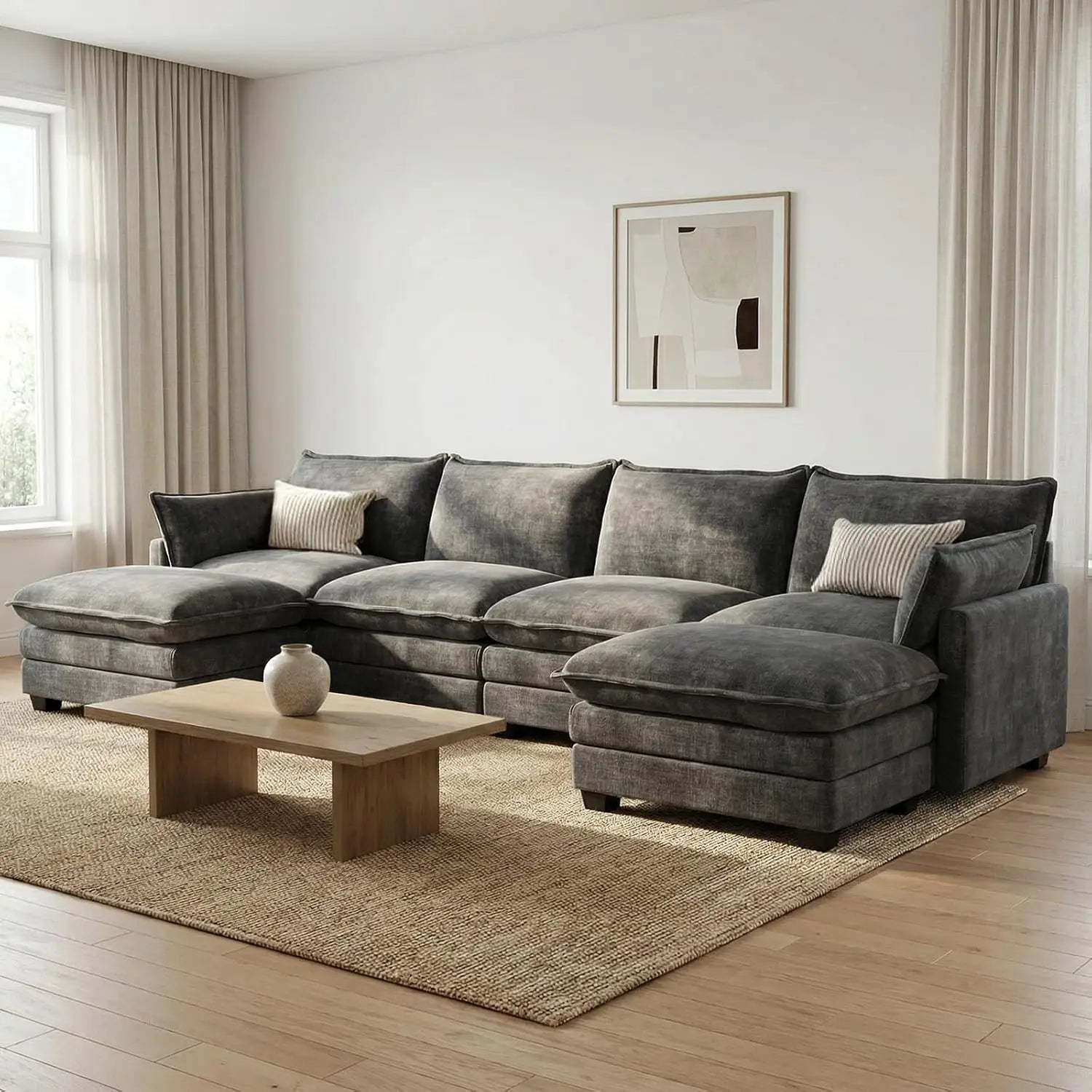 Sectional Sofa Chenille With Ottoman Pillows
