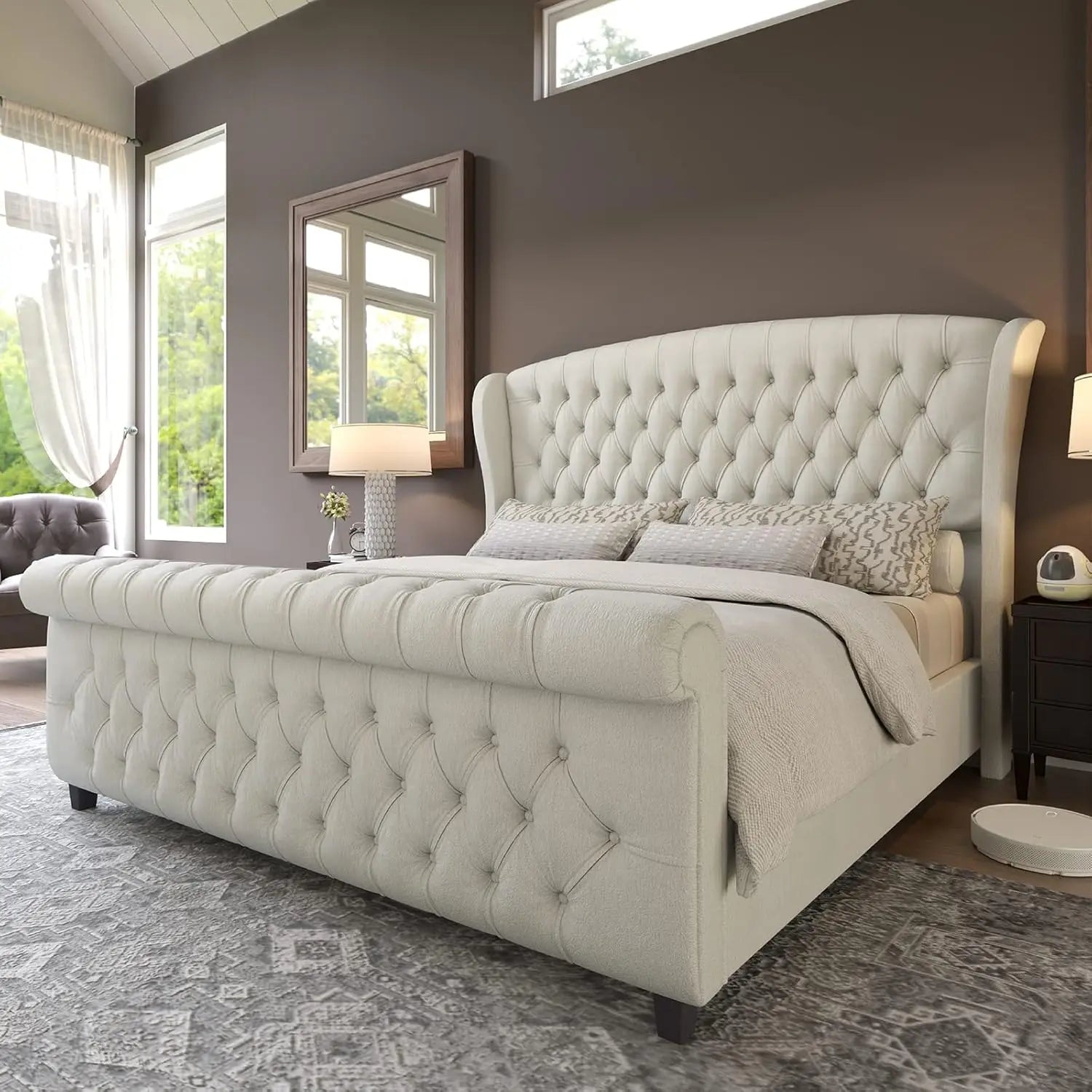 Queen Size Chenille Platform Bed Frame