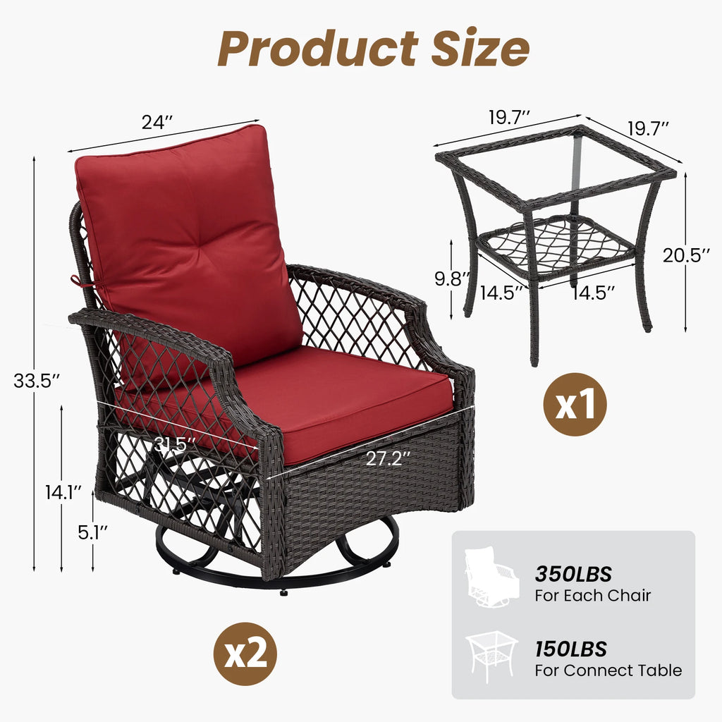 3-Piece Wicker Swivel Patio Set Glider Chairs