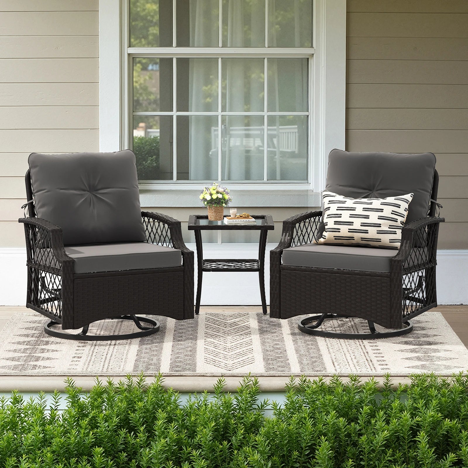 3-Piece Wicker Swivel Patio Set Glider Chairs