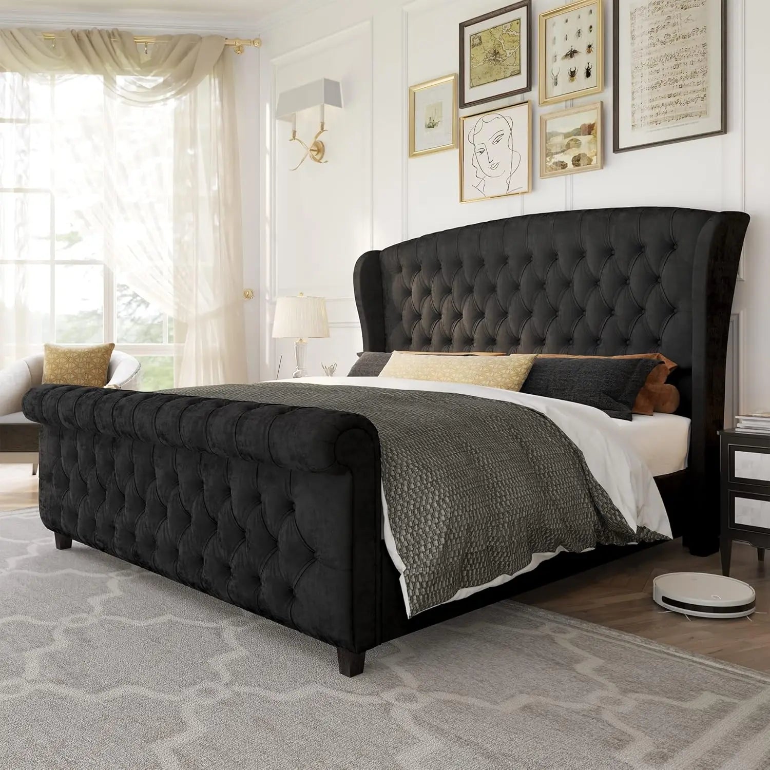 Queen Size Chenille Platform Bed Frame