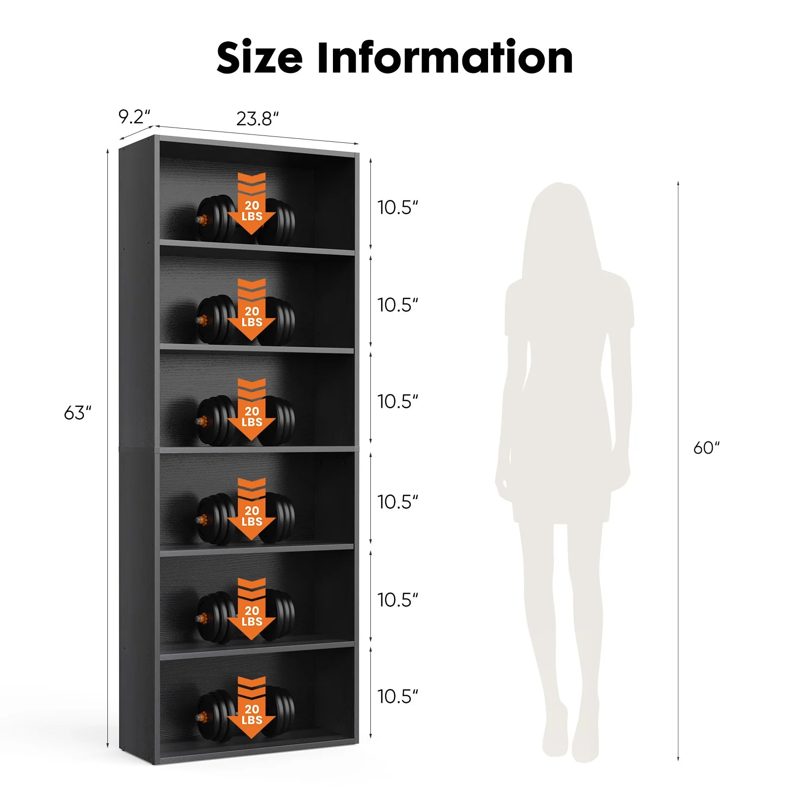 6-Tier Wooden Shelf Bookcase 63 Inch Tall