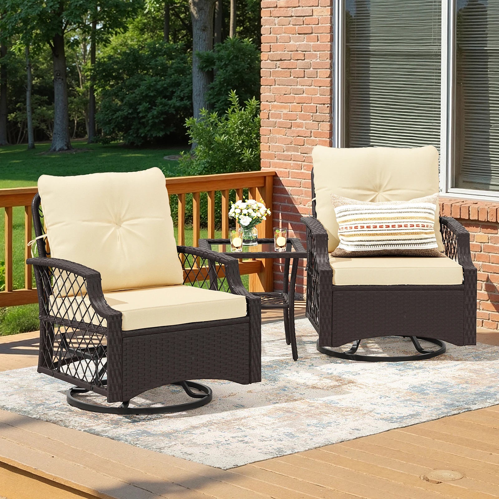 3-Piece Wicker Swivel Patio Set Glider Chairs