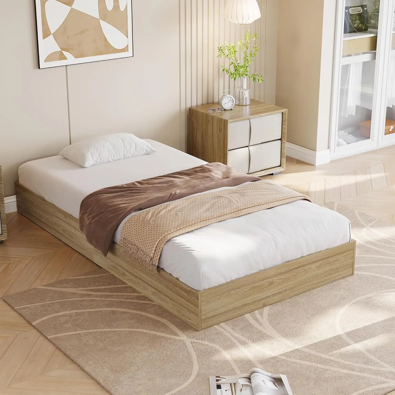 Twin Size Modern Sturdy Wood Platform Bed Frame Strong Wooden Slats, Space-Saving No Box Spring Needed, Easy Assembly