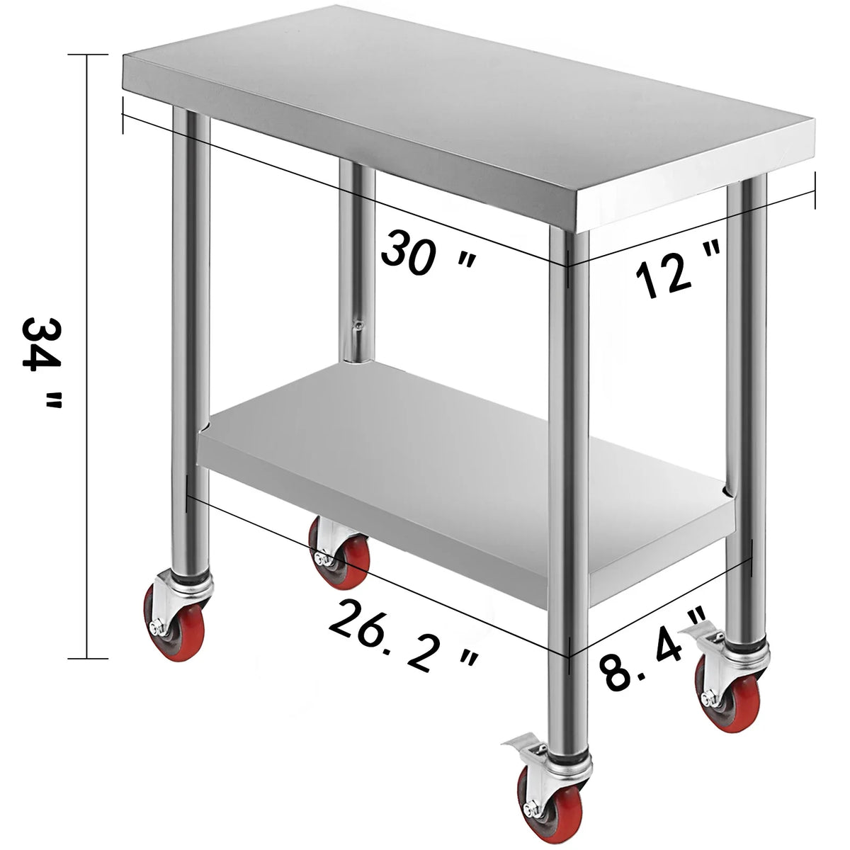 VEVOR Stainless Steel Kitchen Prep Table With 4 Caster Wheels & Backsplash Loads Up to 100KG-300KG for Home Storage Rack Dining
