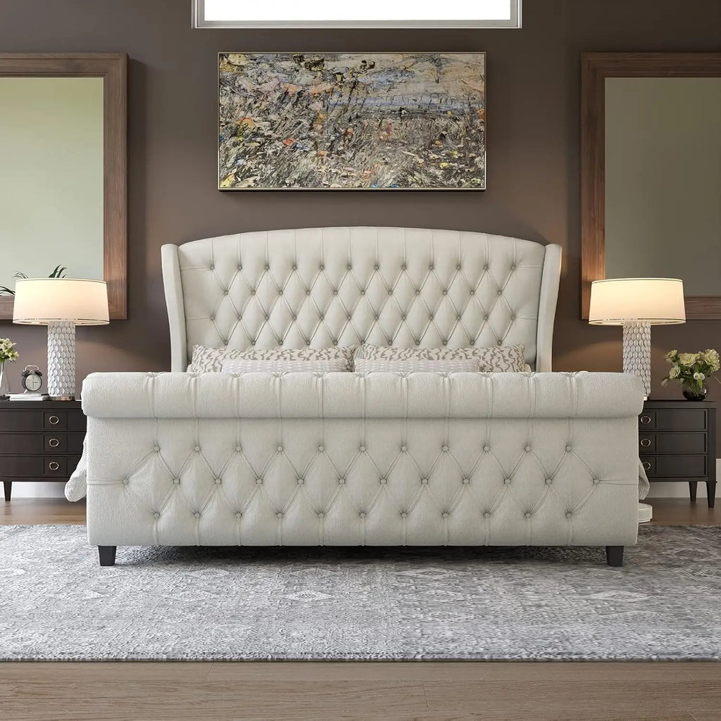 Queen Size Chenille Platform Bed Frame