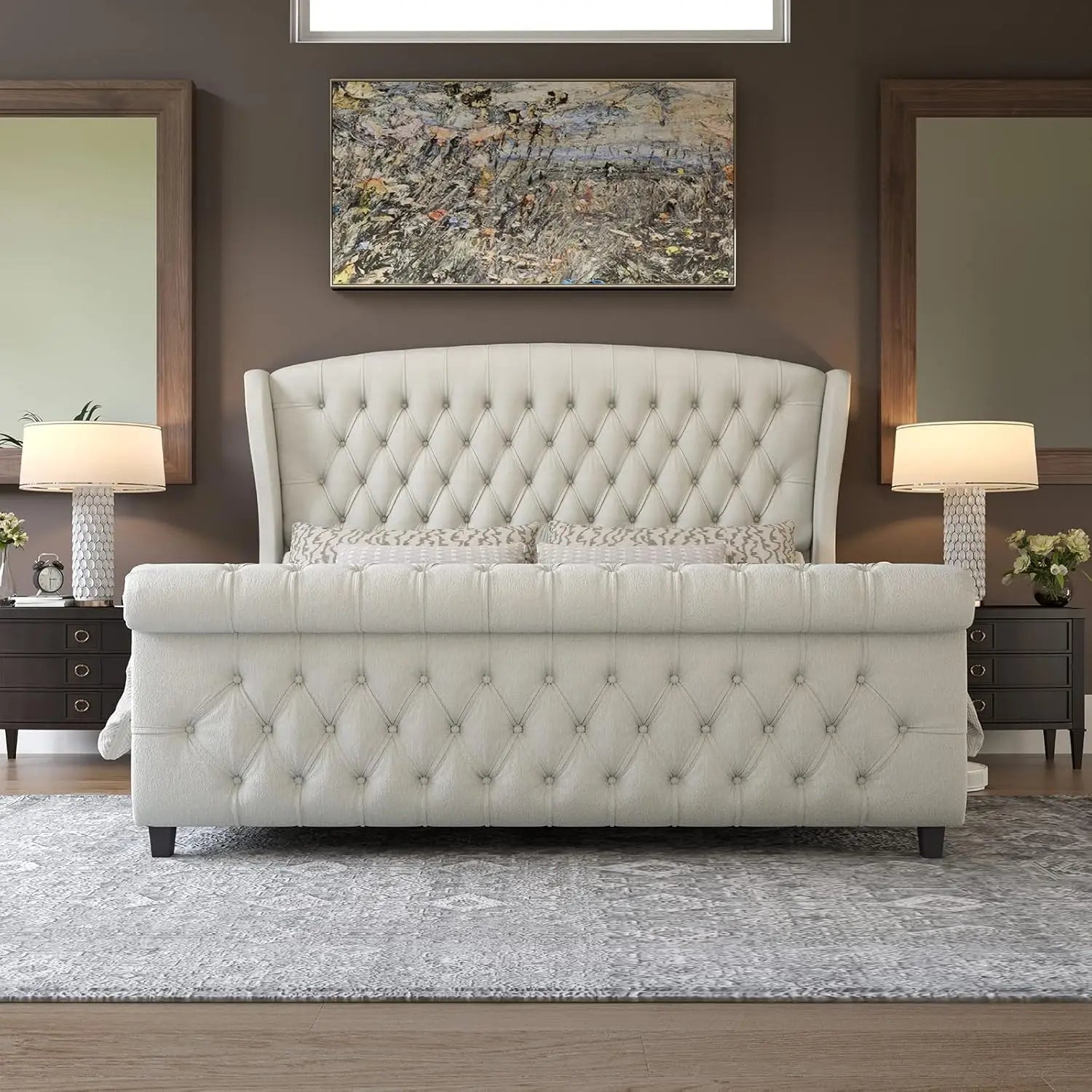 Queen Size Chenille Platform Bed Frame