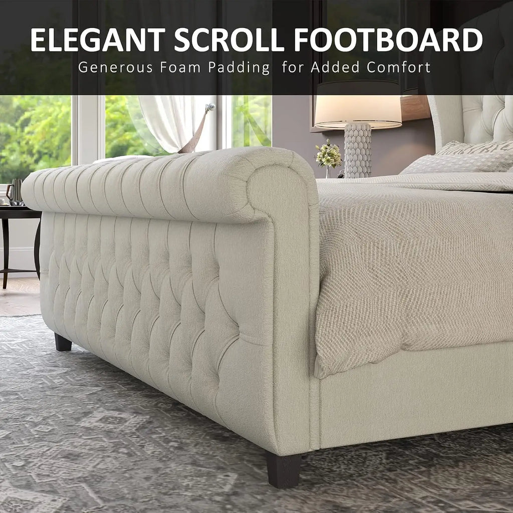 Queen Size Chenille Platform Bed Frame