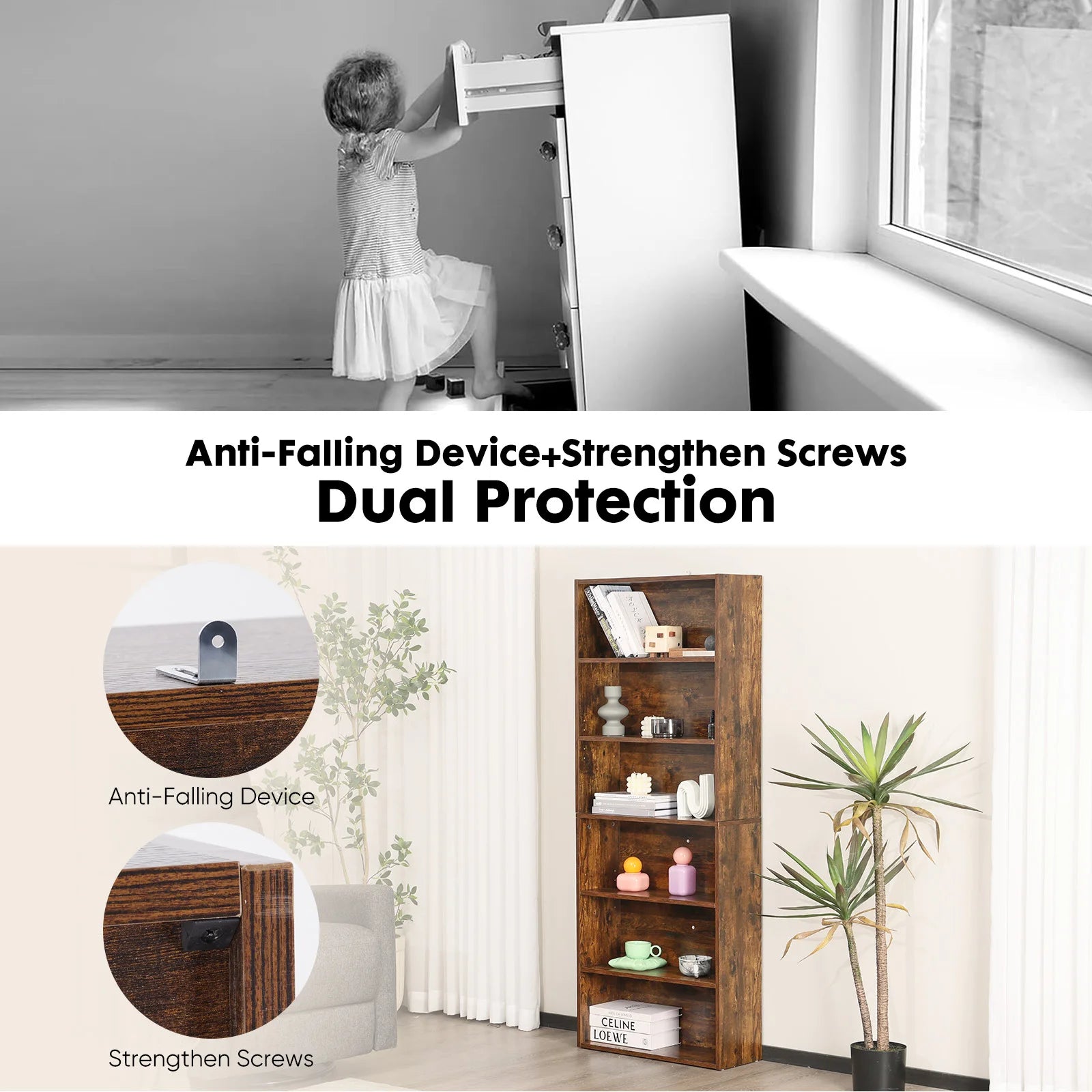 6-Tier Wooden Shelf Bookcase 63 Inch Tall