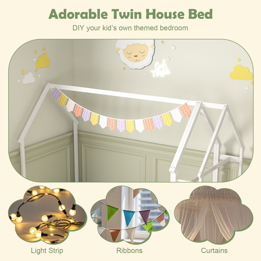 Twin House Floor Bed Montessori Bed Frame with Storage Shelf-White