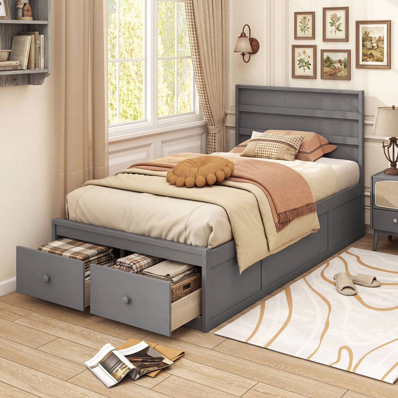 Twin Size Bed Frame with Storage Drawers and Headboard