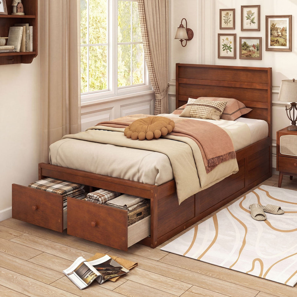 Twin Size Bed Frame with Storage Drawers and Headboard