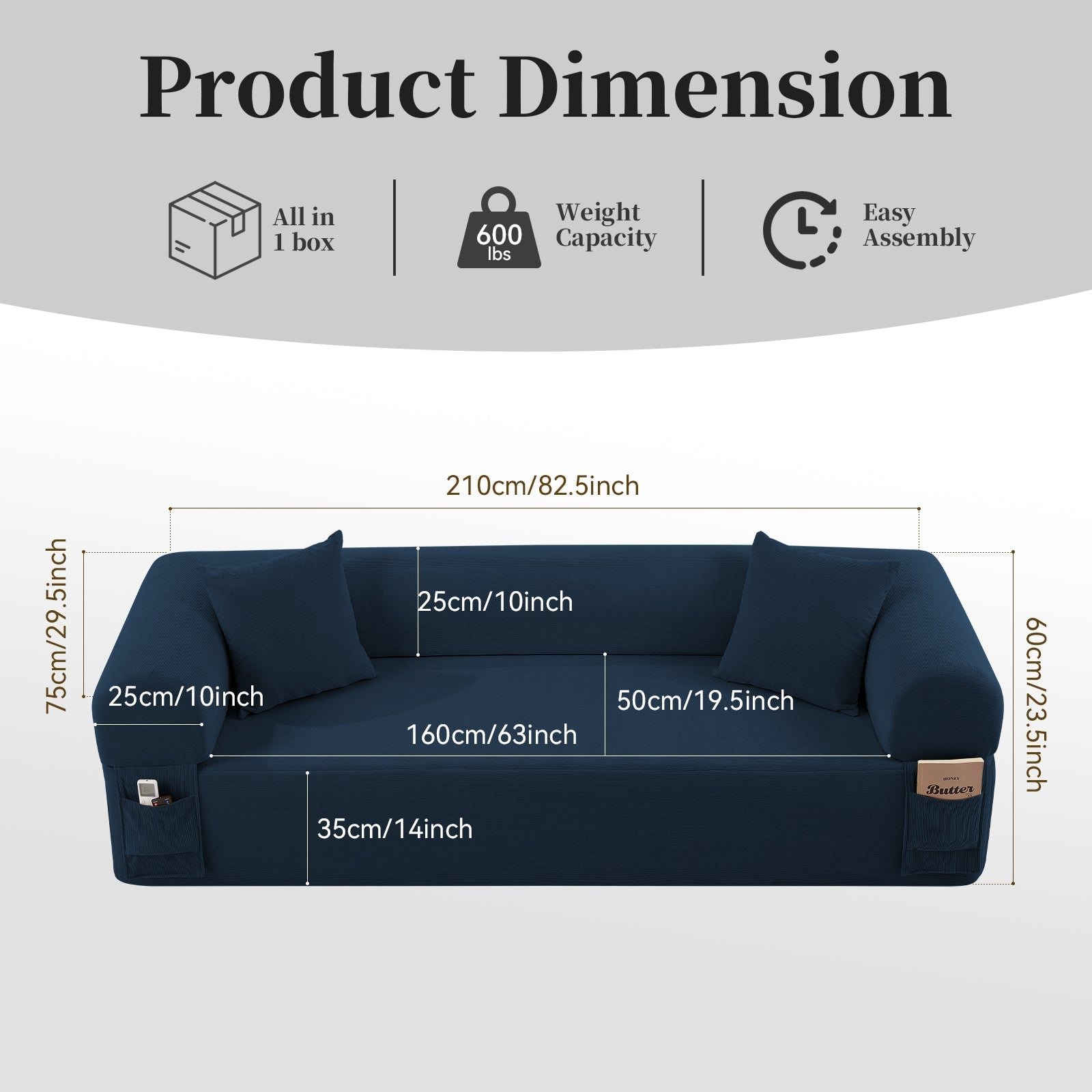 Spring Sofa with High-Quality Fabric, Pillows & Storage in Blue